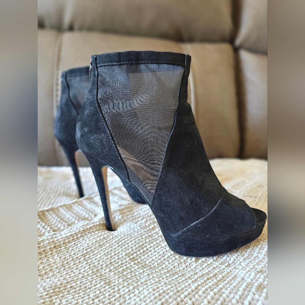 ALDO Black Mesh & Suede Peep-Toe Stiletto Booties – High Heel Ankle Boots Size 8